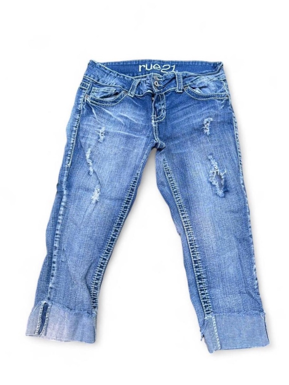 Y2K Rue21 distressed capri jeans low rise grunge faded denim Size 7 Women’s Vtg